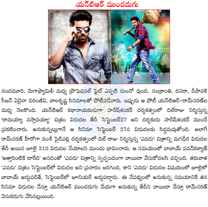 ramayya vastavayya,yevadu,ram charan,ntr,jr ntr,ramayya vastavayya movie release date,yevadu movie release in october,jr ntr upper hand on ram charan,yevadu again postponed  ramayya vastavayya, yevadu, ram charan, ntr, jr ntr, ramayya vastavayya movie release date, yevadu movie release in october, jr ntr upper hand on ram charan, yevadu again postponed